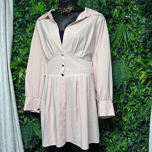 Chic Long‎ Sleeve Blouse 4XL Tan Collared Button Front Smocked Shirt Top 3405